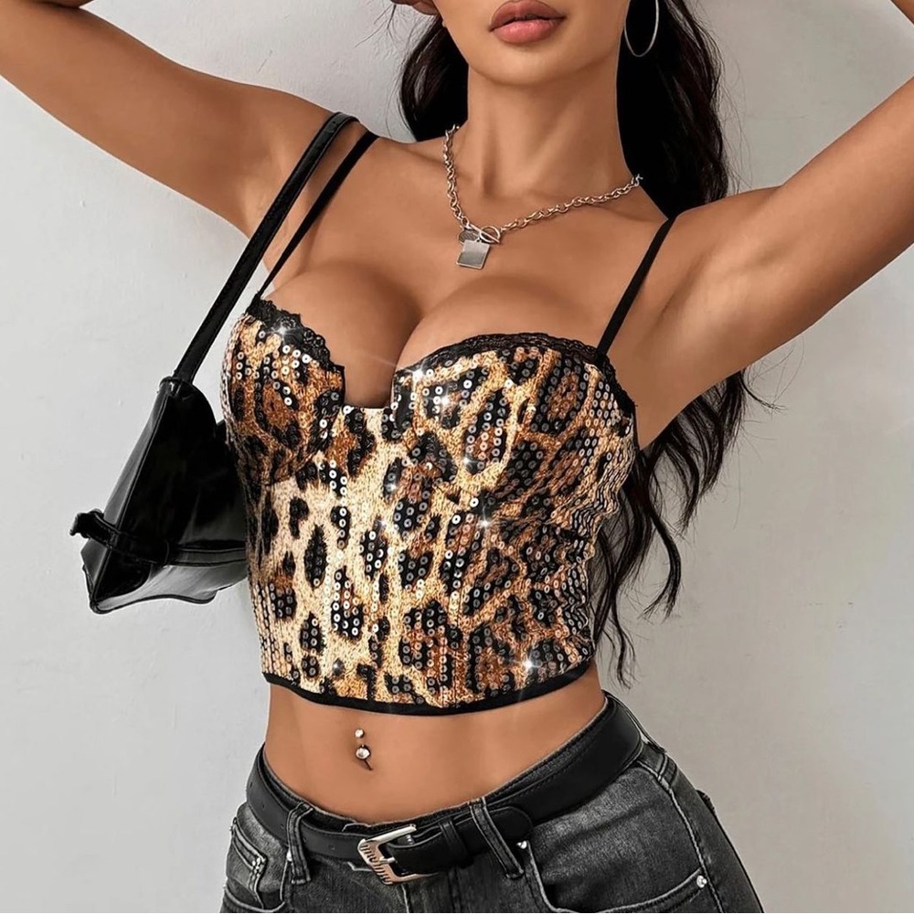 Sexy Lace Leopard Sleeveless Spaghetti Strap Sequined
Corset Crop Tank Top